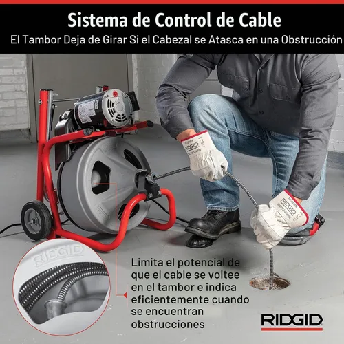 Vista 4 de RIDGID 26998 Modelo K-400 Kit de Máquina de Tambor de Limpieza de Drenaje de 120 Voltios con Cable C-45IW de 1/2" x 75', Blanco, Negro, Rojo