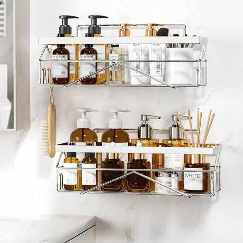 Vista 2 de Estante de ducha con adhesivo, organizador de baño de acero inoxidable sin taladro, estantes de almacenamiento de baño inoxidables para ducha