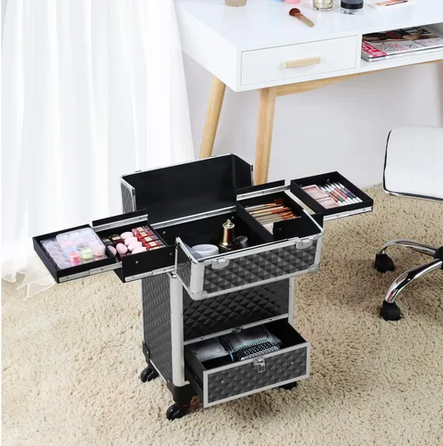 Vista 8 de Topeakmart Estuche de maquillaje profesional grande para artista, organizador de cosméticos profesional, carrito portátil de viaje, estuche de tren
