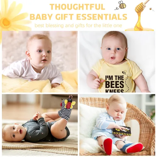 Vista 6 de iAOVUEBY Conjunto de regalo para bebé para recién nacido, canasta de regalos para baby shower de abeja, libro para bebé de alto contraste, juguetes