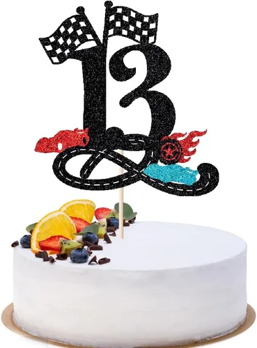 Vista 6 de Decoración para tartas de cumpleaños número 13, decoración para tartas de trece años con purpurina rápida, bandera a cuadros, pista de carreras