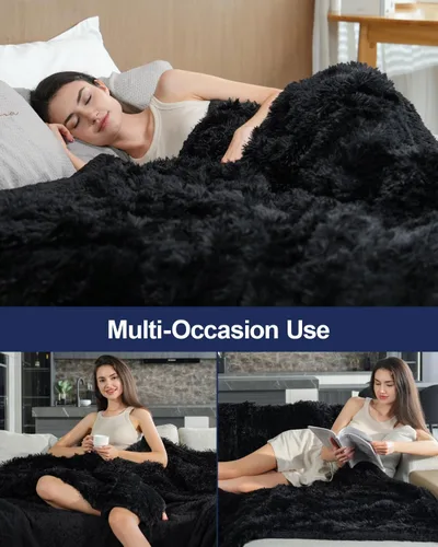 Vista 5 de Pawque Manta de piel sintética de 50 x 60 pulgadas, manta suave y esponjosa, cálida y gruesa, de pelo largo, reversible, ligera, acogedora para Negro