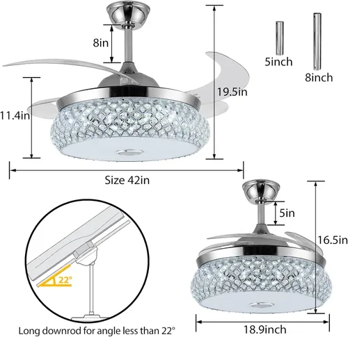 Vista 2 de Lámpara de techo invisible de 42 pulgadas con luz y altavoz Bluetooth, moderna lámpara de ventilador de techo de cristal de 3 colores con control