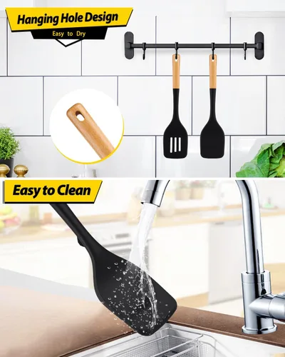Vista 6 de Paquete de 2 espátulas grandes de silicona, espátulas sólidas resistentes al calor, espátulas ranuradas antiadherentes con mango de madera