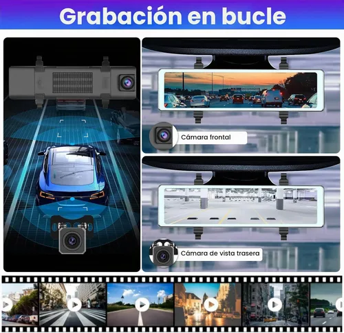 Vista 4 de NHOPEEW Cámara de espejo retrovisor de 11.26 pulgadas con Carplay y Android Auto - Espejo Dash Cam frontal y trasera - Transmisor