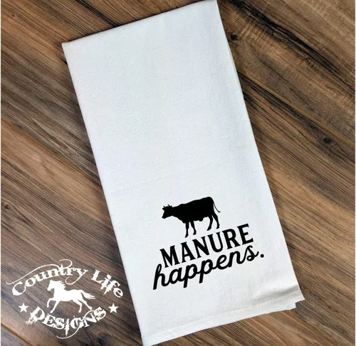 Vista 2 de Funny Flour Sack, Tea Kitchen Towel - Manure Happens - Cow - Farmhouse decor, rustic