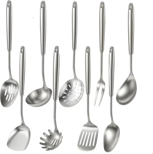 Vista 11 de Newness - Juego de utensilios de cocina de acero inoxidable 304, accesorios de cocina de metal, incluye cucharón de sopa, cuchara ranurada, cuchara