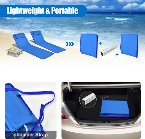 Vista 6 de GYMAX Sillas de playa, sillas de bronceado plegables con juego de mesa, silla de piso ajustable para patio, silla de baño de sol al aire libre