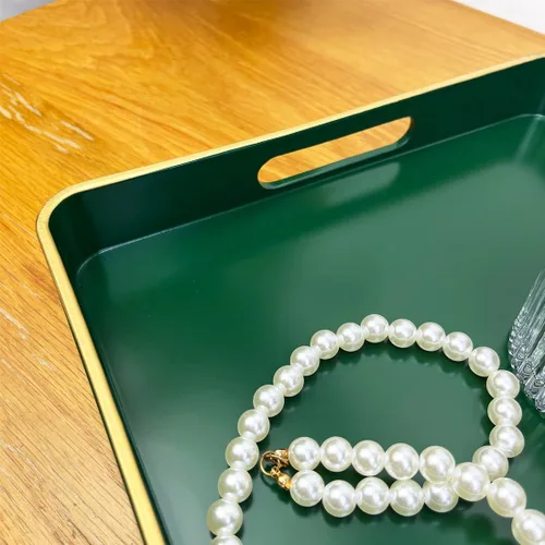 Vista 6 de Bandeja grande verde, elegante bandeja de plástico para mesa de café estilo otomano, decoración del hogar, para sala de estar. 16.7" * 12" * 1.6