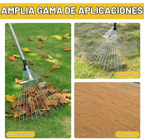 Vista 7 de Rastrillo para hojas, rastrillo de patio, rastrillo de hojas de jardín resistente para césped, rastrillo ajustable de metal resistente