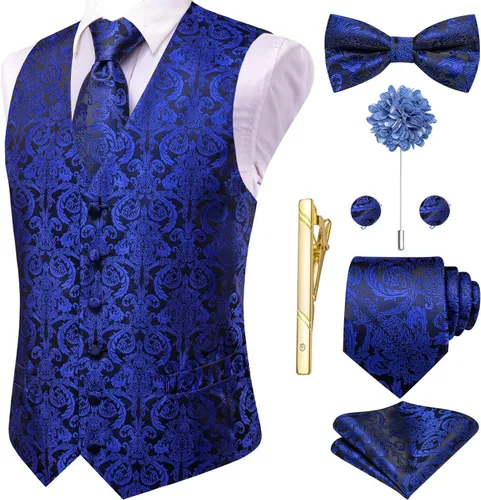 Vista 36 de Hi-Tie Chaleco de traje de seda para hombre, corbata y corbatín de solapa, clip de corbata dorado, chaleco floral de cachemira, 8 piezas, conjunto