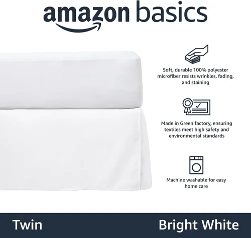 Vista 2 de Amazon Basics Falda de cama plisada ligera, individual, blanco brillante, sólido, (paquete de 8)