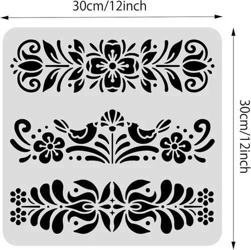 Vista 2 de BENECREAT Plantillas de plantillas de pintura decorativa folklórica de plástico, 12 x 12 pulgadas, patrón floral, estilo escandinavo, plantillas