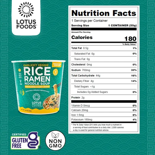 Vista 2 de Lotus Foods Sopa orgánica de fideos ramen de arroz vegetariano al ajo - Fideos ramen, taza de fideos, tazón de ramen instantáneo, hecho con arroz