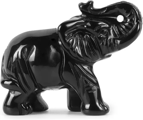 Vista 4 de Artistone Estatua de elefante de cristal de obsidiana negra, escultura de animales tallada a mano para decoración del hogar, adornos de escritorio