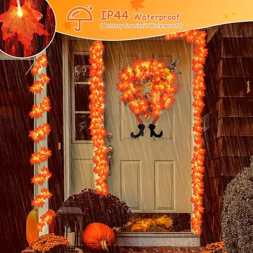 Vista 5 de Paquete de 2 decoraciones de otoño para el hogar, luces de otoño que funcionan con pilas, total de 20 pies, 40 luces LED de hoja de arce con cadena