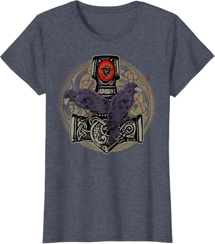 Vista 46 de Thors Hammer Mjolnir Huginn and Muninn Odin Raven - Camiseta, Negro, S