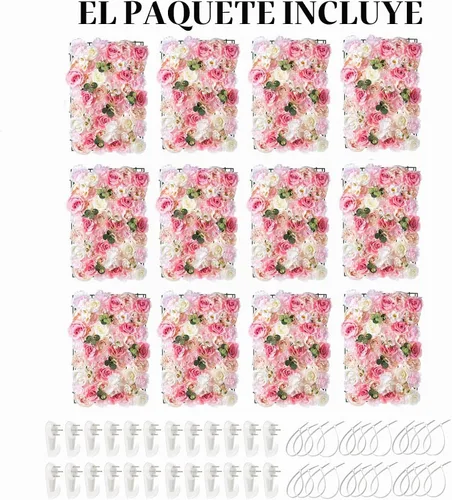 Vista 6 de NUPTIO Panel de pared de flores para telón de fondo: 12 piezas de 24 x 16 rosas artificiales blancas y rosas de imitación para decoración de bodas