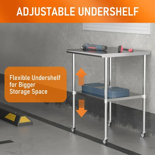 Vista 4 de Mesa de acero inoxidable con ruedas de 24 x 30 pulgadas, mesa de trabajo utilitaria con estante inferior ajustable para cocina comercial, garaje