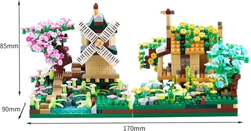 Vista 5 de Kadablk Conjunto de Construcción de Microbloques de Casa del Árbol Sakura, Conjunto de Construcción de Modelo de Molino de Viento de Amistad, 1200