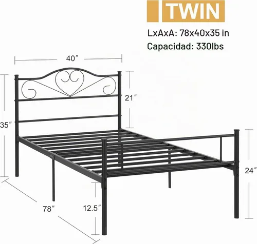 Vista 2 de VECELO Base de cama de tamaño individual con cabecero y estribo, base de colchón de metal, no necesita somier, resistente y fácil de instalar, 2