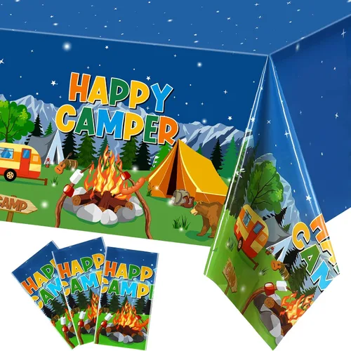 Vista 8 de Tegeme Mantel de plástico con temática de fogata y bosque, 1 pieza, para campamento, fiesta, suministros de decoración