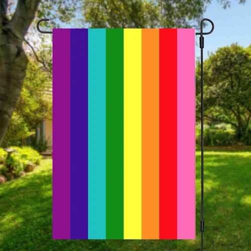 Vista 2 de Bandera de jardín de arcoíris de 8 rayas de 12 x 18 pulgadas, de doble cara, bandera original de 8 rayas de orgullo para patio, césped, decoración