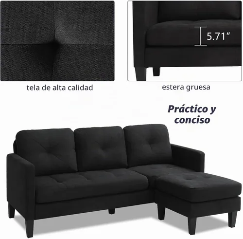 Vista 5 de Grepatio Sofá modular convertible, sofá en forma de L con tela de lino moderna para espacio pequeño (negro)