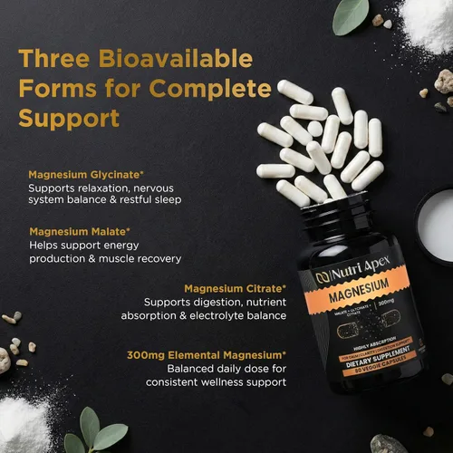 Vista 4 de Suplemento de magnesio para energía – Complejo triple de magnesio 300 mg con glicinato, malato y citrato – Alta absorción para recuperación