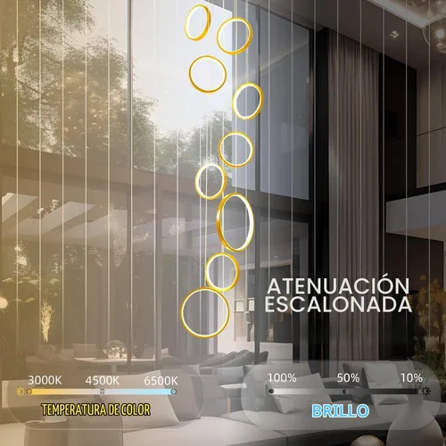 Vista 4 de Candelabro moderno para entrada para techos altos, lámpara moderna regulable dorada para escalera, de lujo, techo alto, lámpara colgante LED