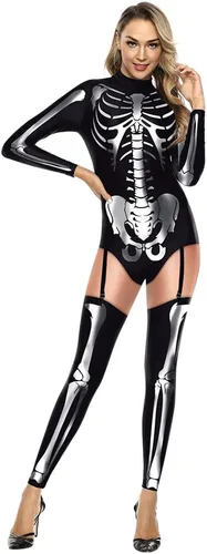 Vista 11 de Sister Amy Disfraz de esqueleto de calavera para mujer de Halloween, traje ajustado de una pieza J-colorido esqueleto