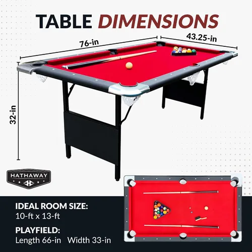 Vista 2 de Hathaway Fairmont II - Mesa de billar portátil de 6 pies para uso familiar y doméstico, incluye juego completo de bolas de billar, tacos, tiza y Rojo