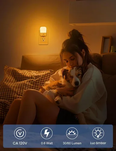 Vista 3 de Luces nocturnas ámbar enchufables a la pared, paquete de 2 luces LED de noche para dormitorio con sensor de atardecer a amanecer, brillo ajustable