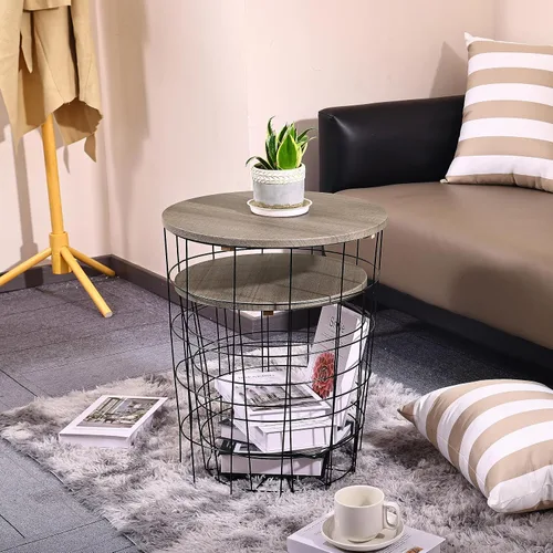 Vista 4 de Elevon Mesa auxiliar de mesa anidable, base de cesta de alambre con tapas de madera, juego de 2, gris