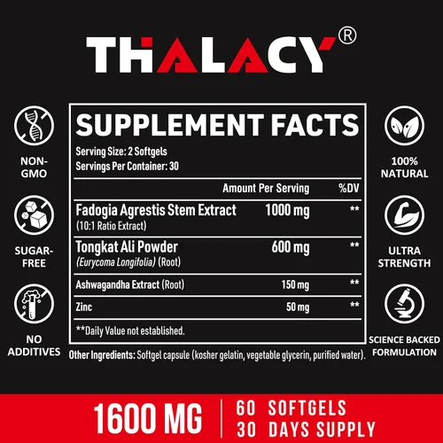 Vista 2 de 1600 mg Fadogia Agrestis Tongkat Ali Suplemento, Fadogia Agrestis Extracto para Hombres con Ashwagandha - Máxima fuerza, 60 cápsulas blandas