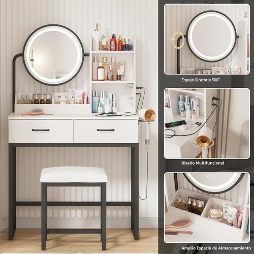 Vista 5 de Vabches Tocador de maquillaje con espejo redondo y luces, mesa de maquillaje blanca con estación de carga, mesa de tocador pequeña para dormitorio