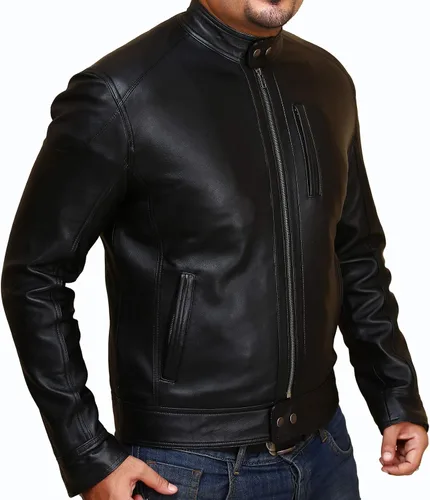 Vista 4 de Chaqueta de piel de cordero para hombre Cafe Racer Biker