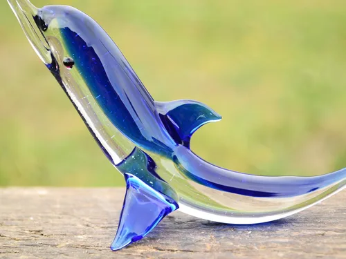 Vista 6 de Figura de delfín de cristal azul de 5 pulgadas, miniatura soplada a mano estilo Murano, adorno de animales marinos para tanque de acuario, estante