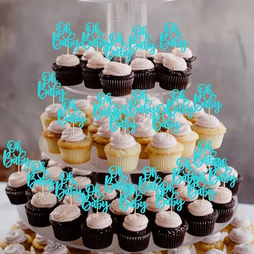 Vista 6 de 24 piezas Oh Baby Cupcake Toppers Glitter Baby Shower Cupcake Picks Reveal Género Decoración de Pasteles para Baby Shower Niños Niñas Fiesta de Azul