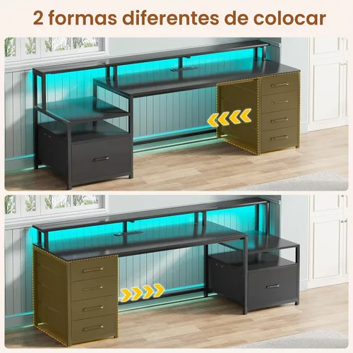 Vista 4 de SEDETA Escritorio para computadora con 5 cajones, toma de corriente, luces Negro con luces LED