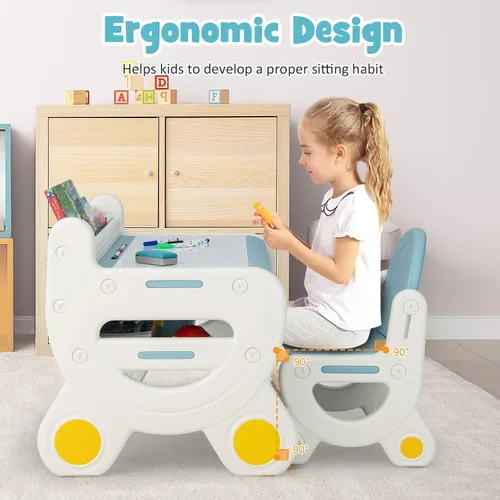 Vista 5 de Costzon - Juego de mesa y silla para bebé, escritorio de actividades de plástico con pizarra, bolígrafos de acuarela, borrador de pizarra y estante
