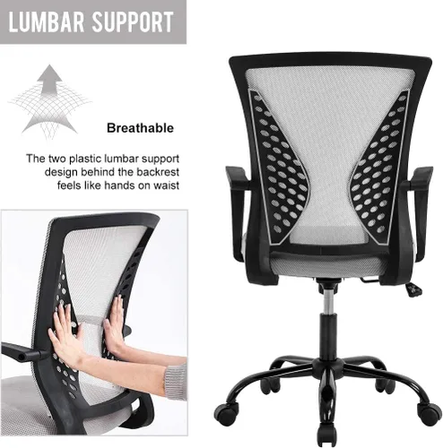 Vista 3 de Silla de oficina ergonómica moderna, silla de escritorio de respaldo medio con soporte lumbar, altura ajustable, reposabrazos enrollable, giratoria