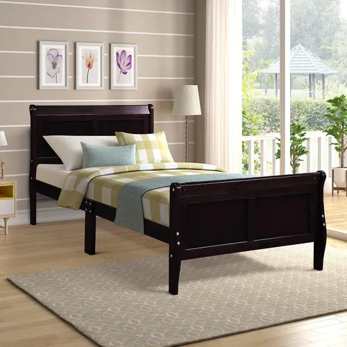 Vista 2 de Base de cama de trineo de madera individual, cama de plataforma con cabecero y estribo, listones de madera, no necesita somier, diseño resistente