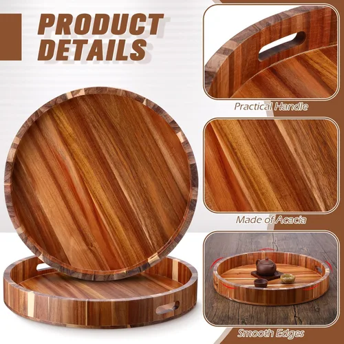 Vista 3 de Tanlade 2 bandejas redondas grandes de madera de 20 pulgadas con asas, bandeja de madera de acacia resistente para cocina, sala de estar, decoración