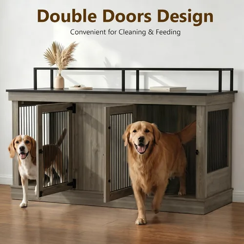 Vista 7 de MCombo Jaula de madera para perros de 57 pulgadas, soporte de TV de madera para 2 perros medianos, jaula grande con 2 puertas, mesa auxiliar