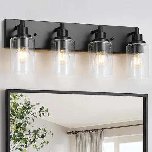Vista 11 de LOUSACE Lámpara de tocador de baño de 3 luces, lámparas de baño negro mate sobre el espejo, iluminación moderna de baño con pantalla de vidrio