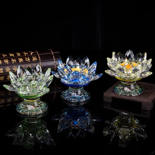 Vista 4 de Portavelas de loto de cristal, portavelas de flor de loto, soporte para velas votivas de pétalos de loto con base de cristal, candelabro de loto
