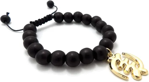 Vista 4 de Abalorio pulido con símbolo Adinkra Gye Nyame con pulsera ajustable de cuentas de madera negra, tono dorado, Madera
