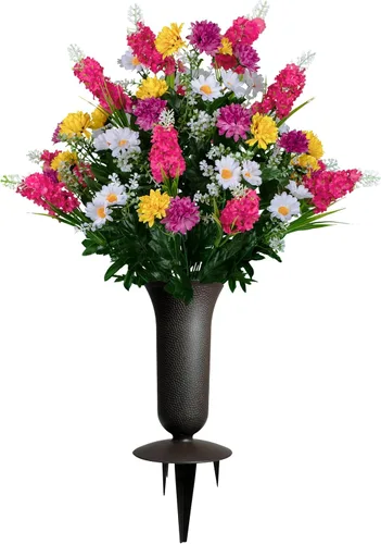 Vista 28 de Sympathy Silks Flores artificiales para cementerios – Decoraciones para tumbas - 1 ramo de flores silvestres de violeta púrpura y naranja, 1 montura
