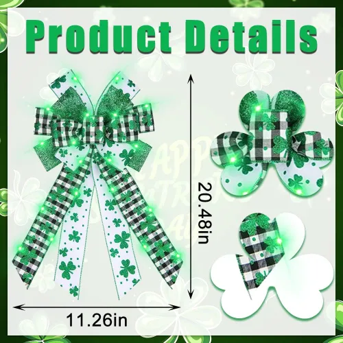 Vista 2 de ALIBBON Arcos LED grandes para coronas, lazos de corona de San Patricio, lazos de trébol verde con purpurina para manualidades, decoración irlandesa